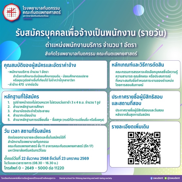 รับสมัครพนักงาน (รายวัน) ตำแหน่ง พนักงานบริการ จำนวน 1 อัตรา  โรงพยาบาลทันตกรรม คณะทันตแพทยศาสตร์
